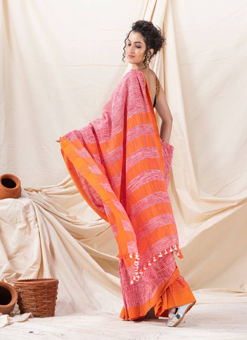 Traditional Orange Cotton Tai Dye Saree