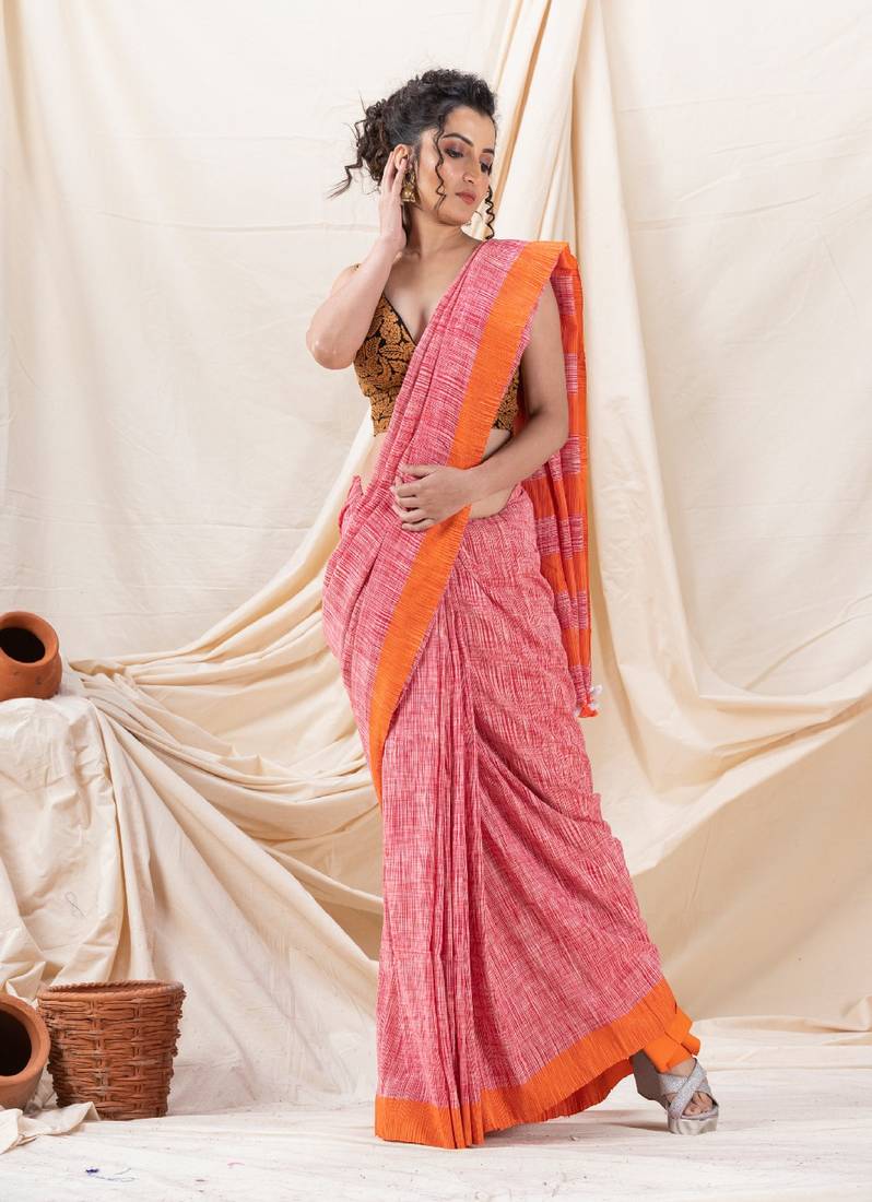 Traditional Orange Cotton Tai Dye Saree
