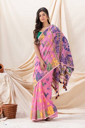 Traditional Pink Horse Soft Dhakai Jamdani Saree Without Blouse