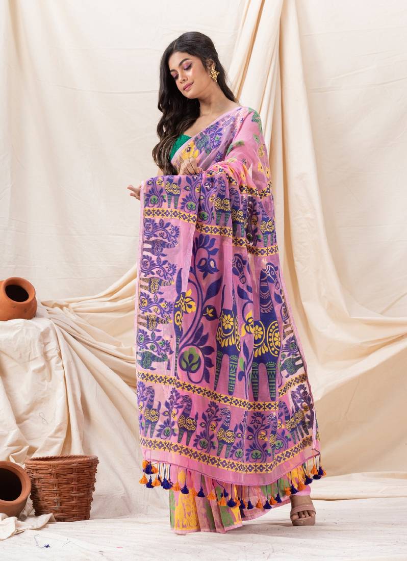 Traditional Pink Horse Soft Dhakai Jamdani Saree Without Blouse