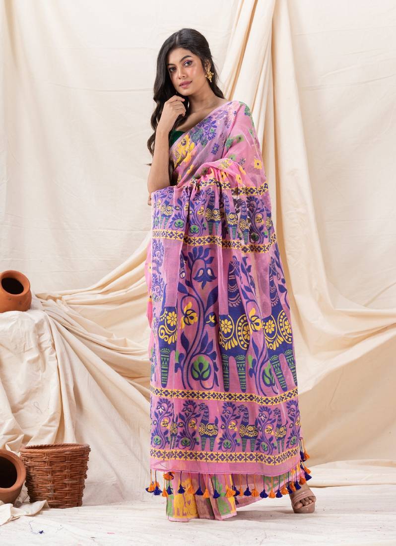 Traditional Pink Horse Soft Dhakai Jamdani Saree Without Blouse