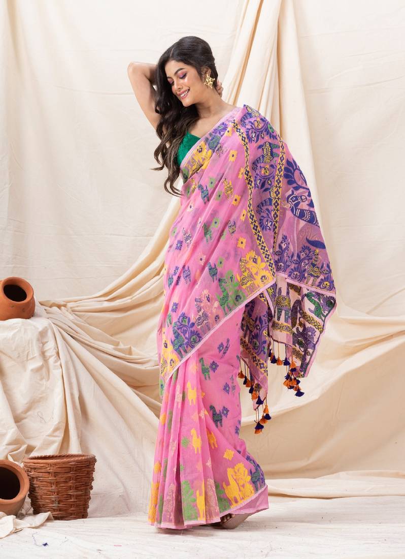 Traditional Pink Horse Soft Dhakai Jamdani Saree Without Blouse