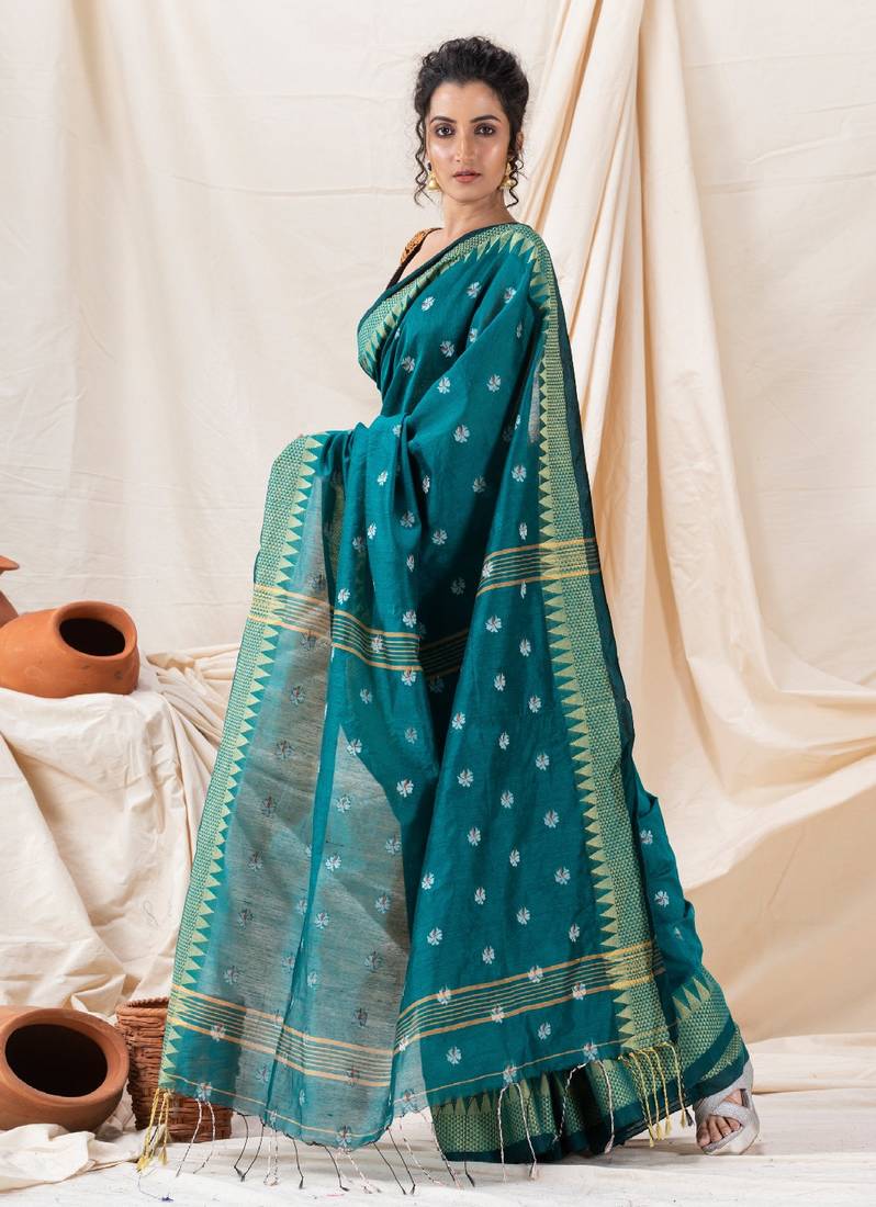 Traditional Deep Teal Cotton Blend Handloom Saree
