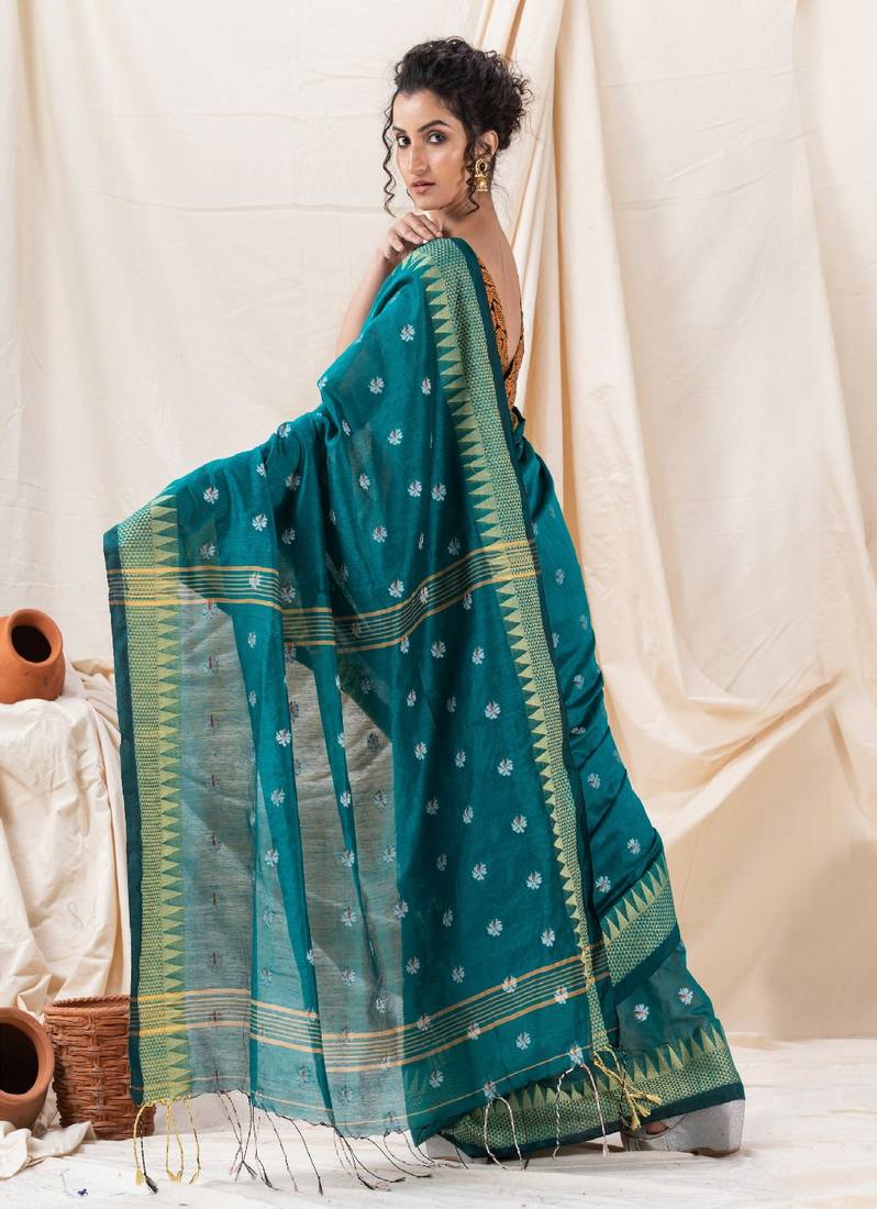 Traditional Deep Teal Cotton Blend Handloom Saree