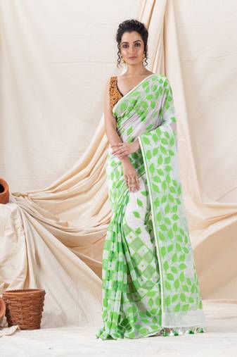 Traditional White Green Leaf Soft Dhakai Jamdani Saree Without Blouse