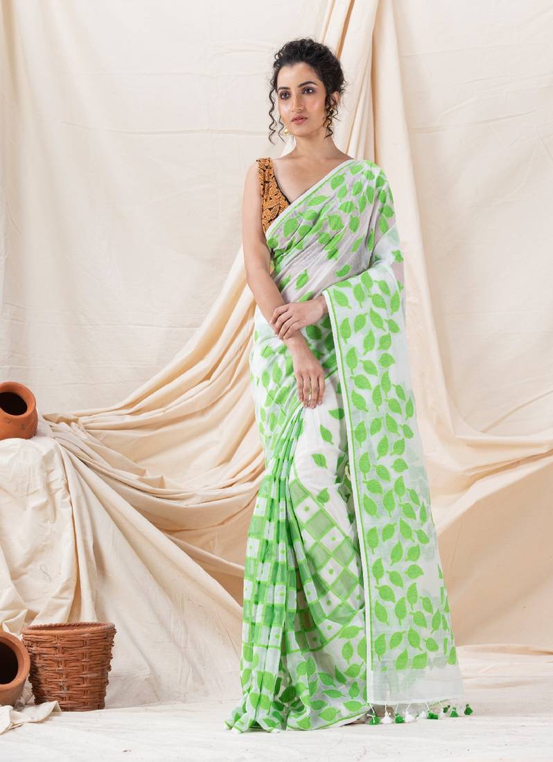 Traditional White Green Leaf Soft Dhakai Jamdani Saree Without Blouse