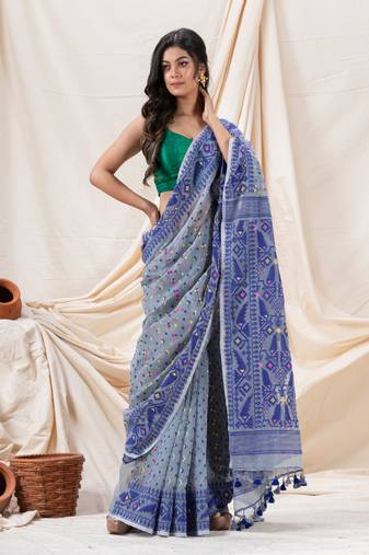 Traditional Blue Grey Soft Dhakai Jamdani Saree Without Blouse