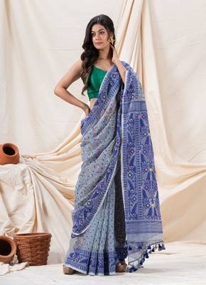 Traditional Blue Grey Soft Dhakai Jamdani Saree Without Blouse 1