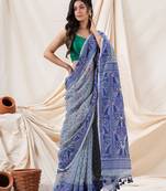 Traditional Blue Grey Soft Dhakai Jamdani Saree Without Blouse