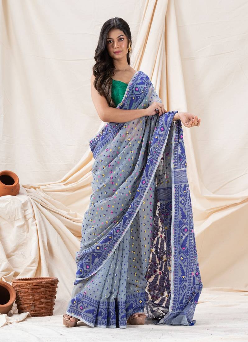 Traditional Blue Grey Soft Dhakai Jamdani Saree Without Blouse
