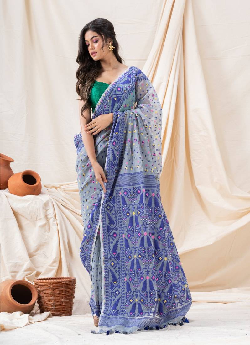 Traditional Blue Grey Soft Dhakai Jamdani Saree Without Blouse