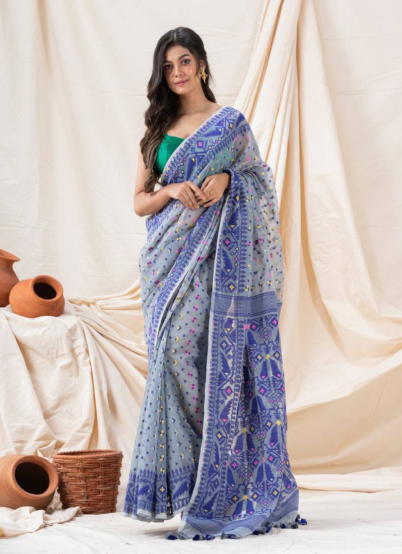 Traditional Blue Grey Soft Dhakai Jamdani Saree Without Blouse