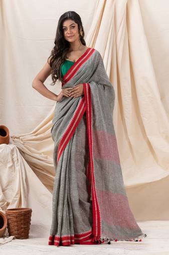 Traditional Grey Linen Tangail Saree