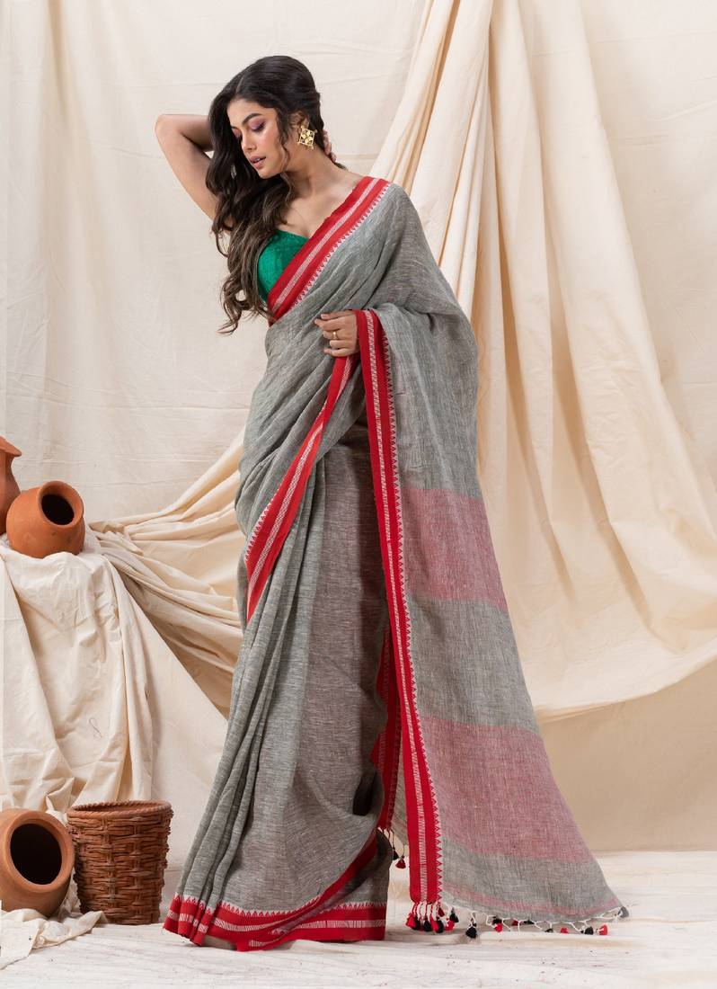 Traditional Grey Linen Tangail Saree