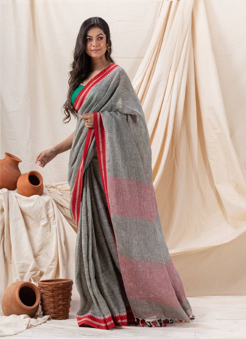 Traditional Grey Linen Tangail Saree