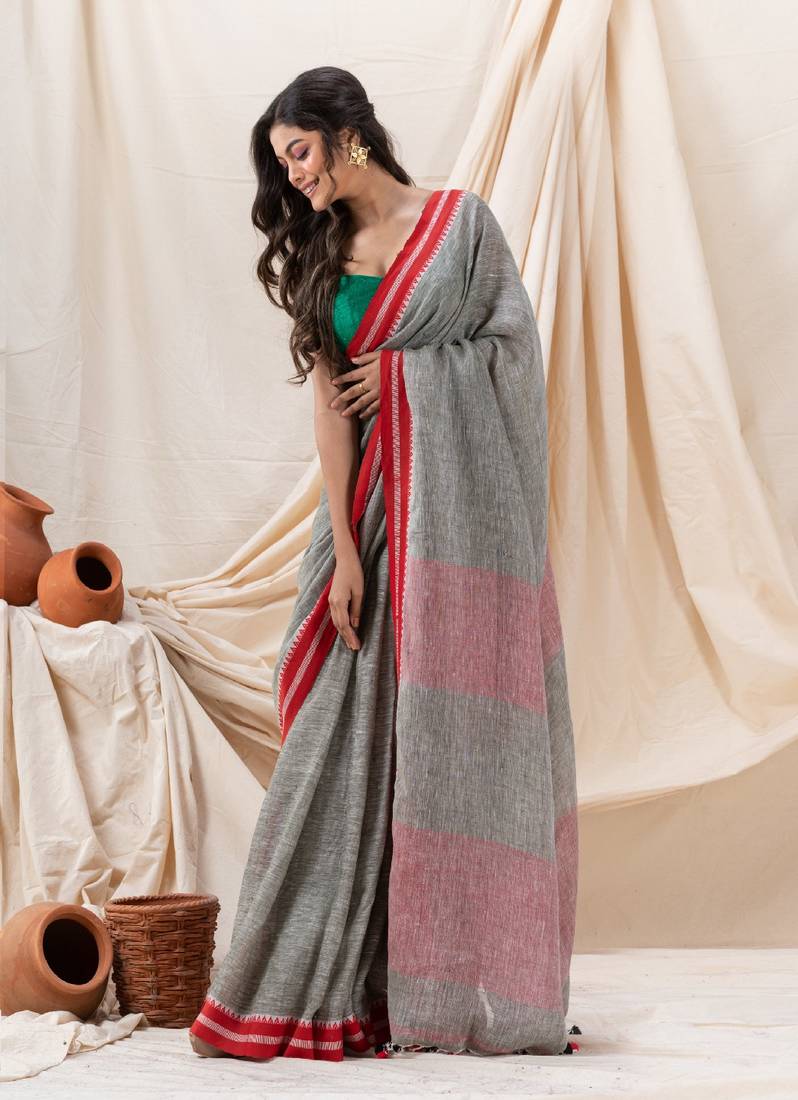 Traditional Grey Linen Tangail Saree