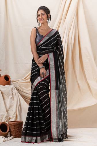 Traditional Black Handloom Linen Saree