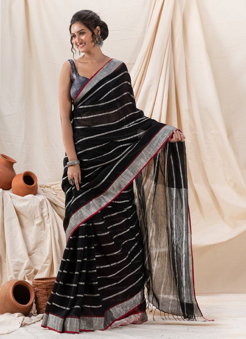 Traditional Black Handloom Linen Saree