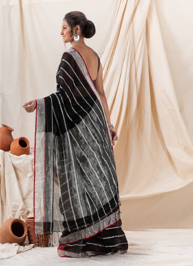 Traditional Black Handloom Linen Saree