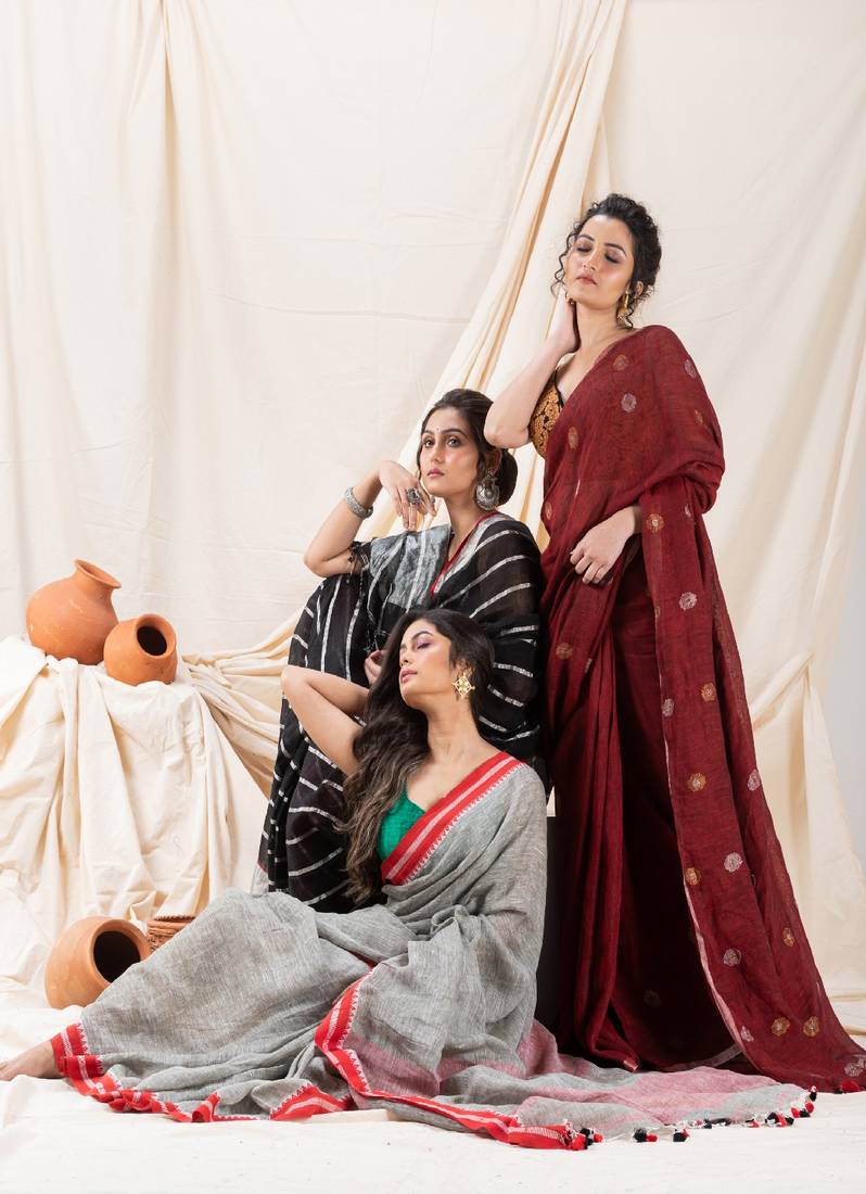 Traditional Black Handloom Linen Saree