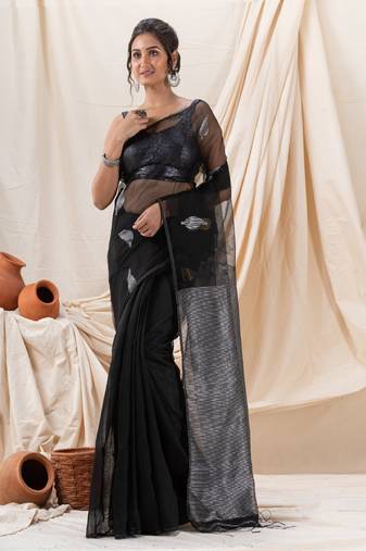 Traditional Black Cotton Silk Fancy Jamdani Saree