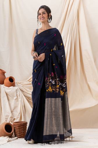 Traditional Navy Blue Cotton Soft Jamdani Saree