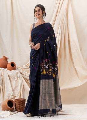 Traditional Navy Blue Cotton Soft Jamdani Saree 1
