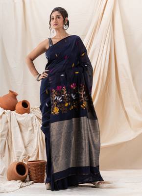 Traditional Navy Blue Cotton Soft Jamdani Saree 3
