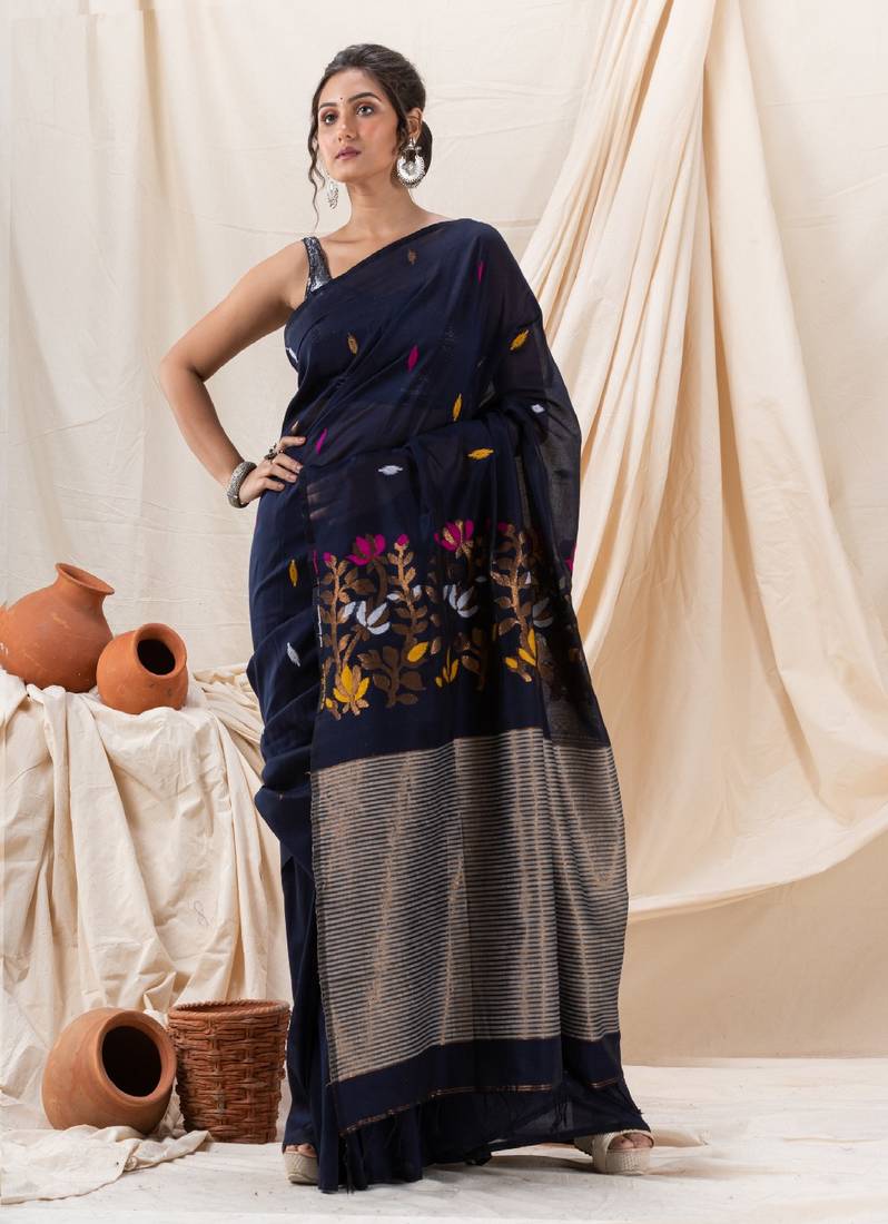 Traditional Navy Blue Cotton Soft Jamdani Saree