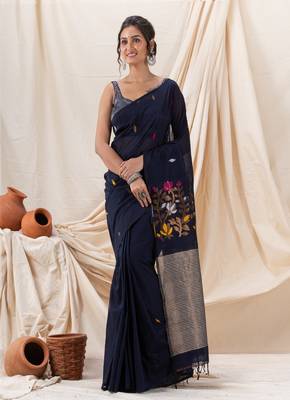 Traditional Navy Blue Cotton Soft Jamdani Saree 4