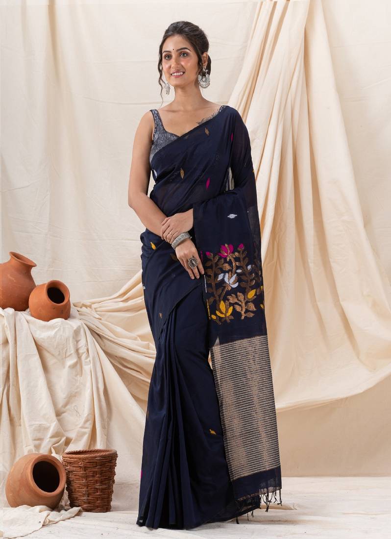 Traditional Navy Blue Cotton Soft Jamdani Saree