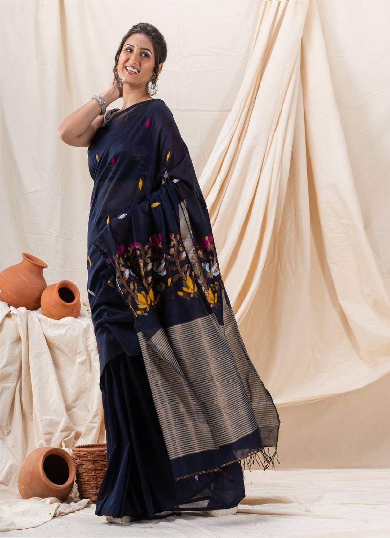 Traditional Navy Blue Cotton Soft Jamdani Saree