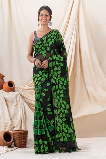 Traditional Black Green Leaf Soft Dhakai Jamdani Saree Without Blouse