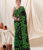 Traditional Black Green Leaf Soft Dhakai Jamdani Saree Without Blouse