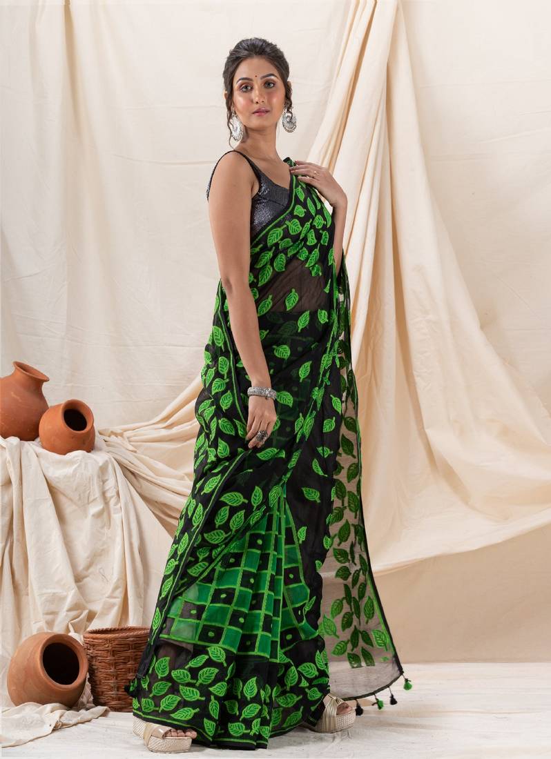 Traditional Black Green Leaf Soft Dhakai Jamdani Saree Without Blouse