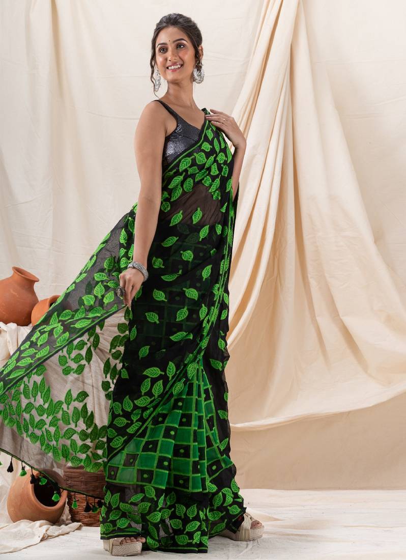 Traditional Black Green Leaf Soft Dhakai Jamdani Saree Without Blouse