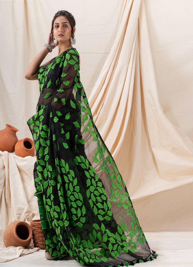 Traditional Black Green Leaf Soft Dhakai Jamdani Saree Without Blouse