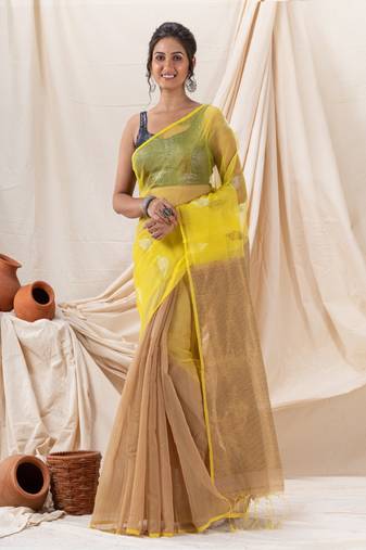 Traditional Deep Beige Yellow Cotton Silk Fancy Jamdani Saree