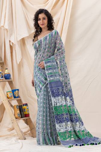 Traditional Silver Grey Soft Dhakai Jamdani Saree Without Blouse