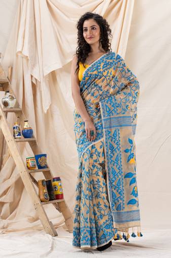 Traditional Tan Soft Dhakai Creeper Jamdani Saree Without Blouse