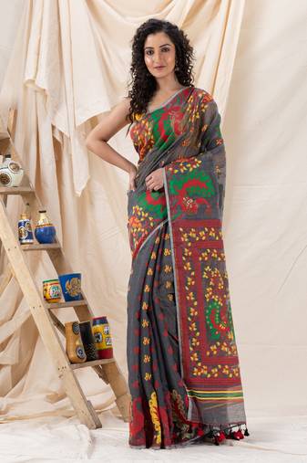 Traditional Gray Soft Dhakai Jamdani Saree Without Blouse