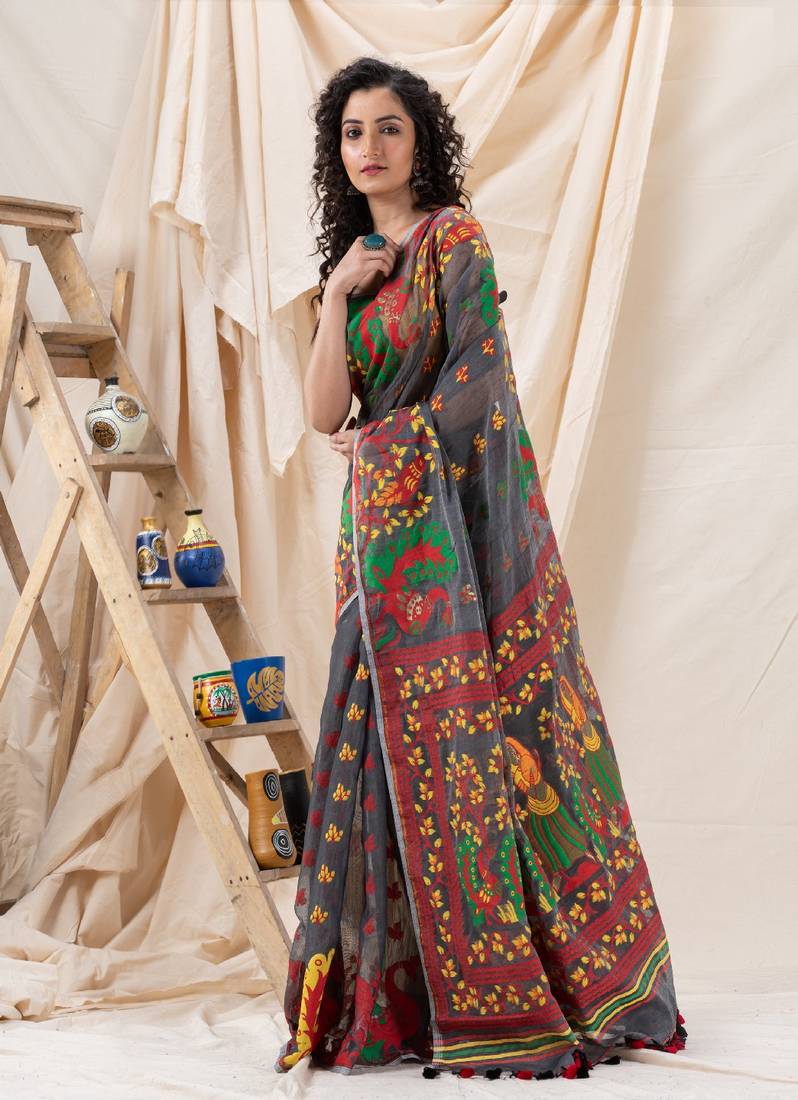 Traditional Gray Soft Dhakai Jamdani Saree Without Blouse