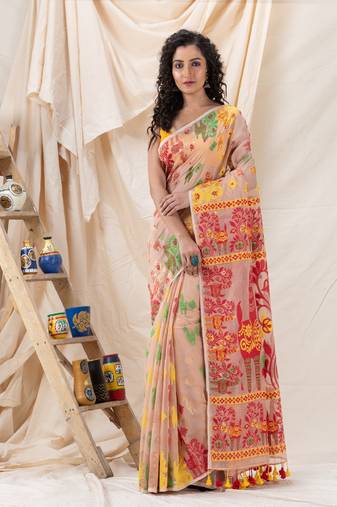 Traditional Peach Puff Soft Dhakai Jamdani Saree Without Blouse