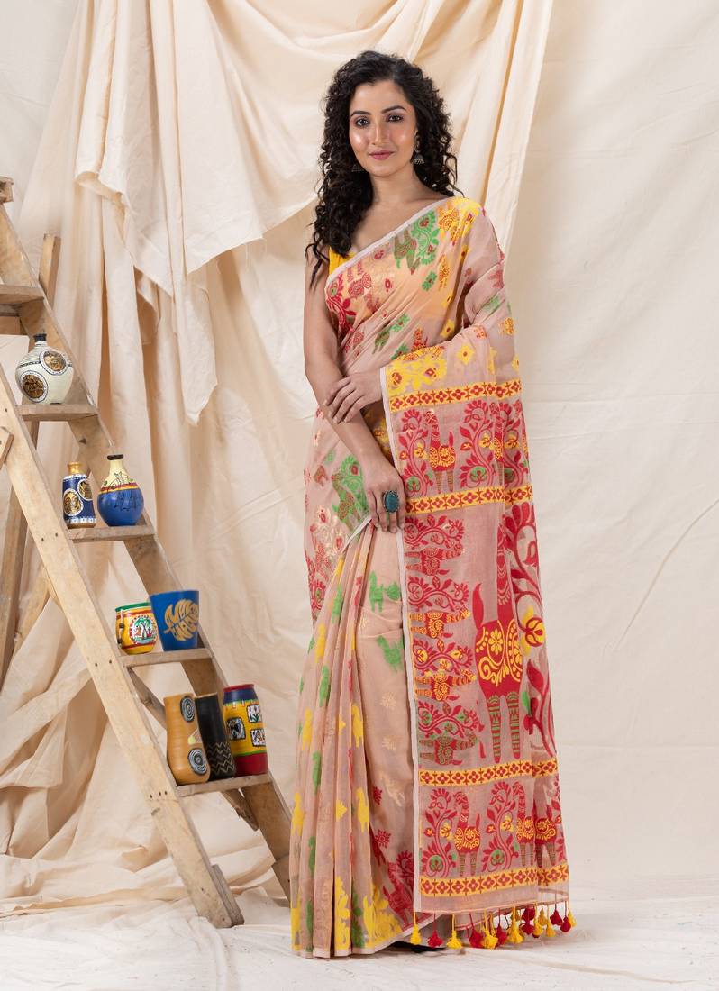 Traditional Peach Puff Soft Dhakai Jamdani Saree Without Blouse