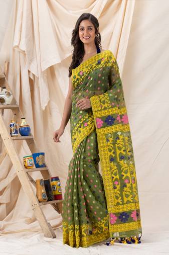 Traditional Green Yellow Soft Dhakai Jamdani Saree Without Blouse