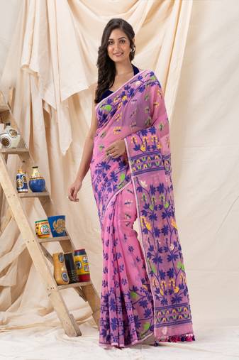 Traditional Light Fuchsia Soft Dhakai Jamdani Saree Without Blouse