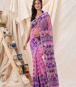 Traditional Light Fuchsia Soft Dhakai Jamdani Saree Without Blouse