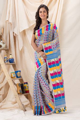 Traditional Ash Gray Soft Dhakai Ball Jamdani Saree Without Blouse