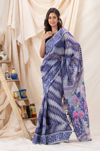 Traditional Ash Gray Soft Dhakai Creeper Jamdani Saree Without Blouse