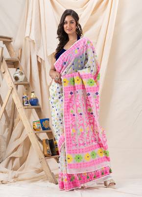 Traditional White Soft Dhakai Jamdani Saree Without Blouse 1